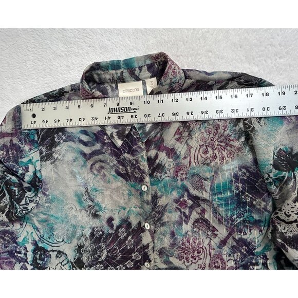 Chico's Semi Sheer Metallic Abstract Floral Tie Front Button Up Blouse Size 3 - Picture 6 of 8